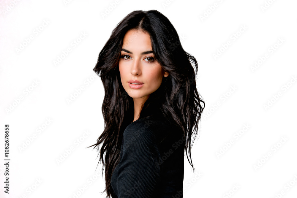 portrait of a woman model with dark long hair isolated on white background portrait of a woman model with dark long hair isolated on white background