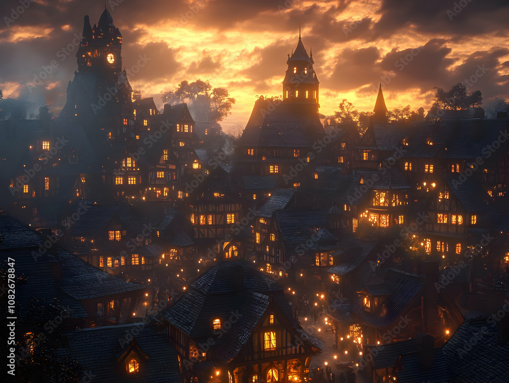 Naklejka premium Illustration of Medieval Town at Sunset with Glowing Windows