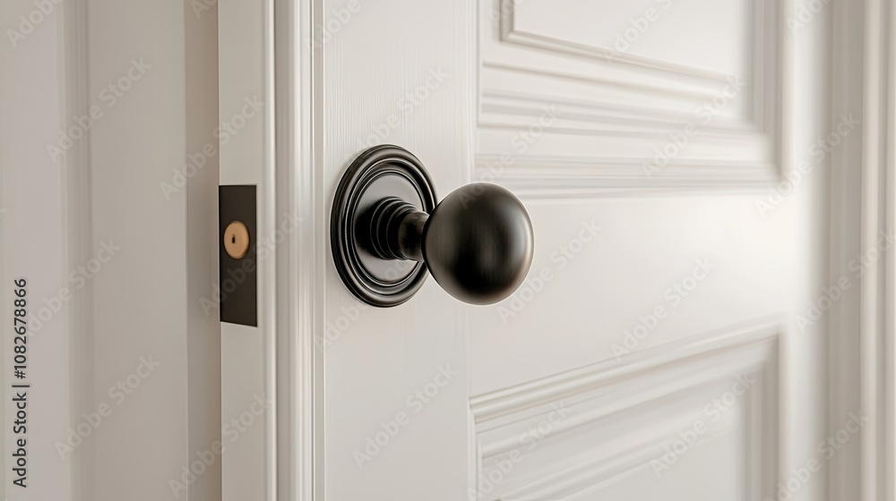 Elegant Black Door Knob on White Wooden Door, Showcasing Classic Design and Modern Aesthetics in a Bright Interior Space for Home Decor Inspiration Elegant Black Door Knob on White Wooden Door, Showcasing Classic Design and Modern Aesthetics in a Bright Interior Space for Home Decor Inspiration