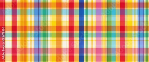 Colorful multicolored plaid fabric pattern with vibrant squares, textile design