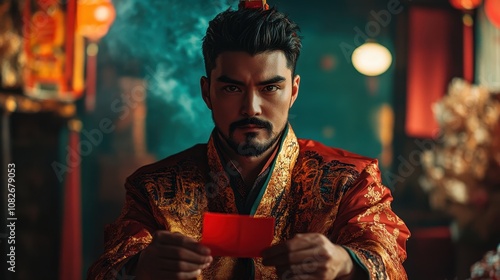 Man in traditional changshan holds a red envelope with a serious expression in a lively setting photo