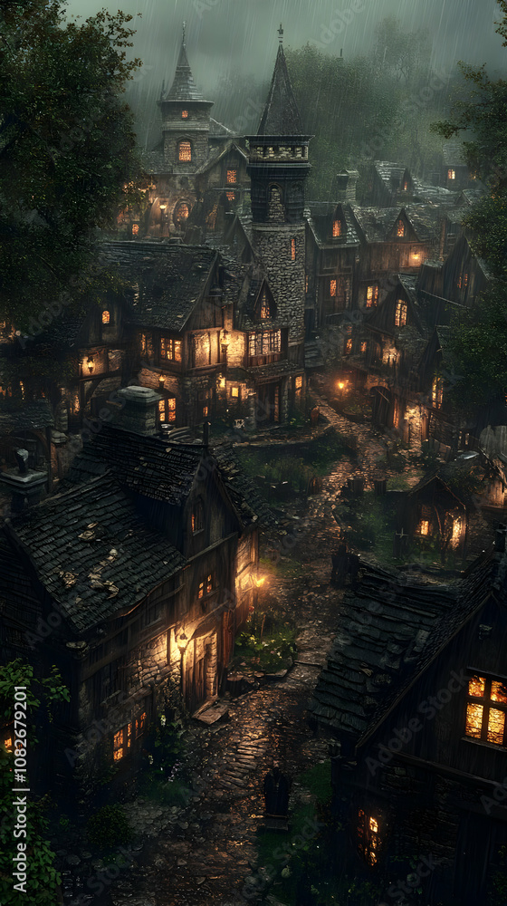 Illustration - Rainy Medieval Village at Night Illustration - Rainy Medieval Village at Night