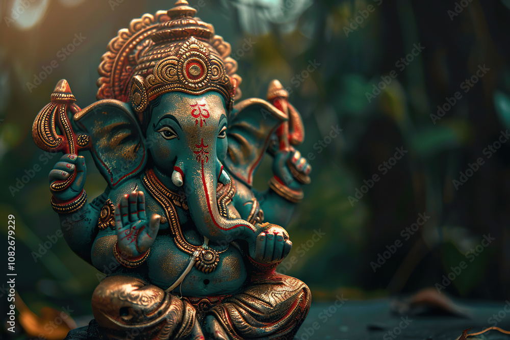Fototapeta premium Beautiful greeting card with bright holiday composition for happy celebrate Ganesh Chaturthi