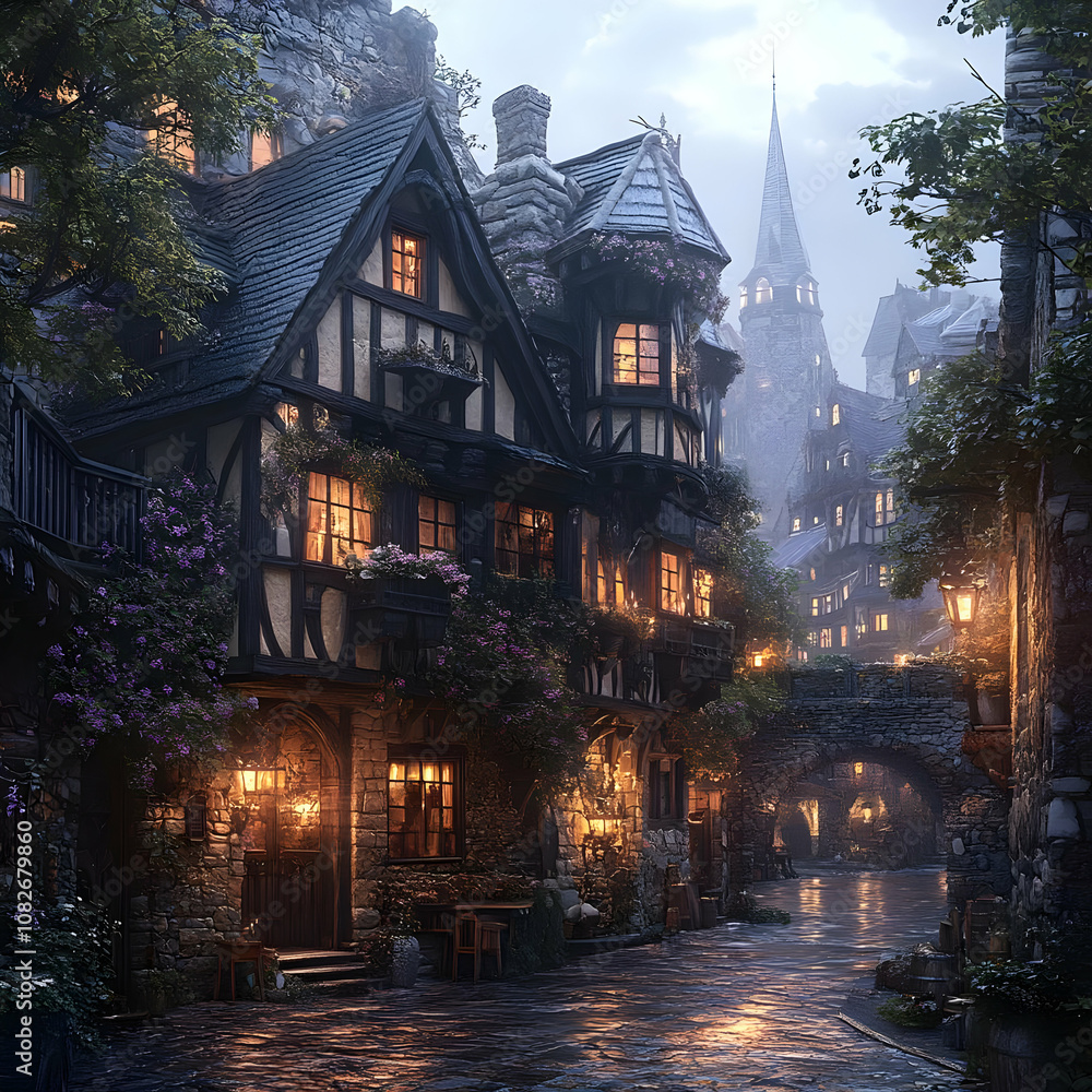 Illustration - Cozy Medieval Town at Dusk