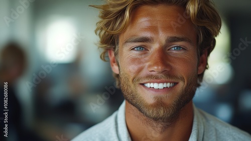 A smiling young man with tousled hair, exuding warmth and confidence in a casual setting.