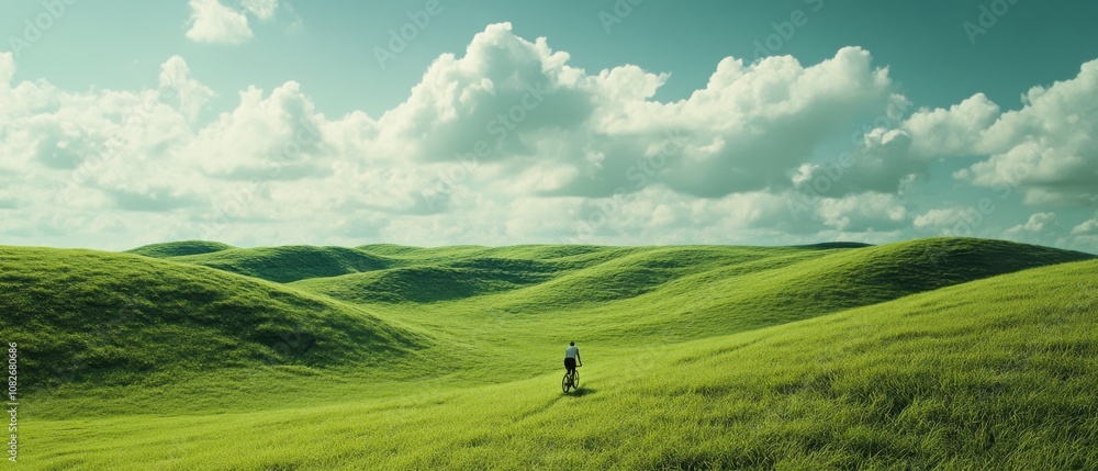 A cyclist in a vast emerald landscape pedals under a sky filled with fluffy clouds, epitomizing freedom and exploration. A cyclist in a vast emerald landscape pedals under a sky filled with fluffy clouds, epitomizing freedom and exploration.