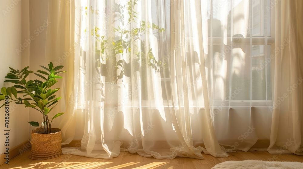 Sunlight streams through sheer curtains in a modern living room, illuminating the wooden floor. A potted plant adds a touch of greenery. Sunlight streams through sheer curtains in a modern living room, illuminating the wooden floor. A potted plant adds a touch of greenery.