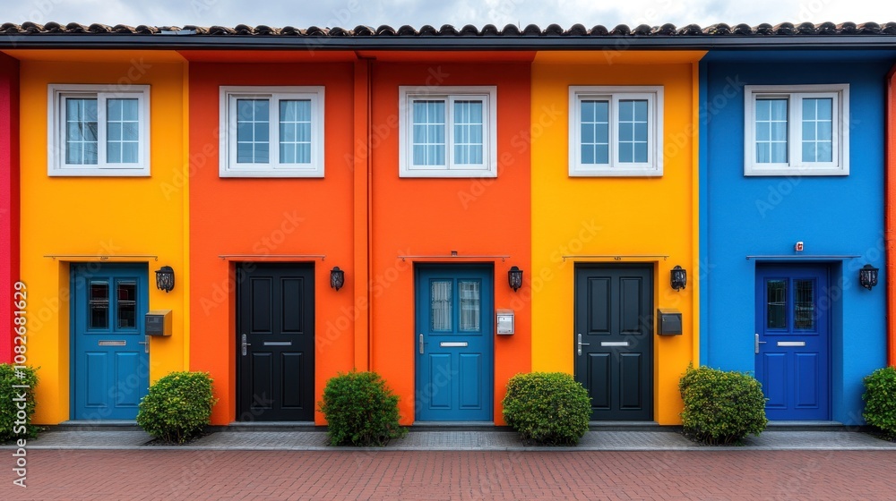 Colorful row of houses with vibrant facades and doors. Colorful row of houses with vibrant facades and doors.