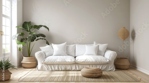 Minimalist living room with white sofa, woven baskets, and potted plants.