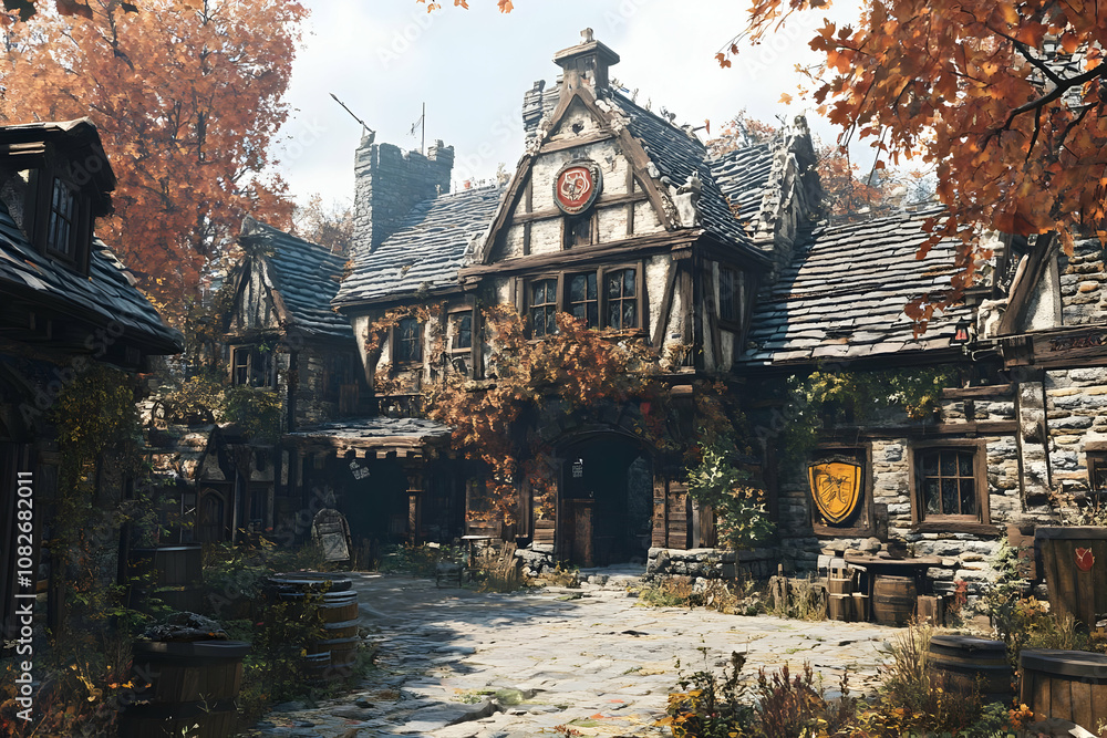 Fototapeta premium 3D Medieval Town Illustration Autumn Day Stone Road
