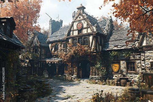 3D Medieval Town Illustration Autumn Day Stone Road