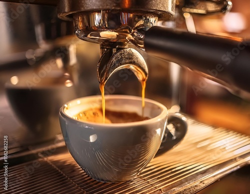 Freshly Brewed Espresso Shot Streaming Into a Ceramic Cup From a Professional Coffee Machine, Capturing the Texture and Aroma in an Elegant Coffee Shop Setting