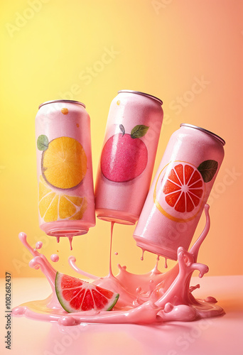 Three fruit patterned cans with pink liquid splashes and lemon slices. Ideal for food and beverage packaging designs or summerthemed graphics. photo