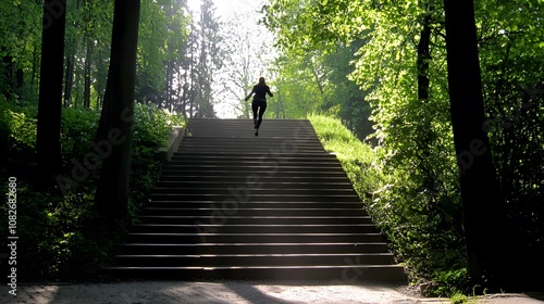 A person jumping up a flight of stairs, symbolizing energy, excitement, and seizing opportunities. 