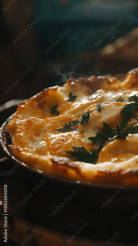 Close-up view of a steaming plate of pierogi topped with fresh herbs, showcasing Polish cuisine Close-up view of a steaming plate of pierogi topped with fresh herbs, showcasing Polish cuisine