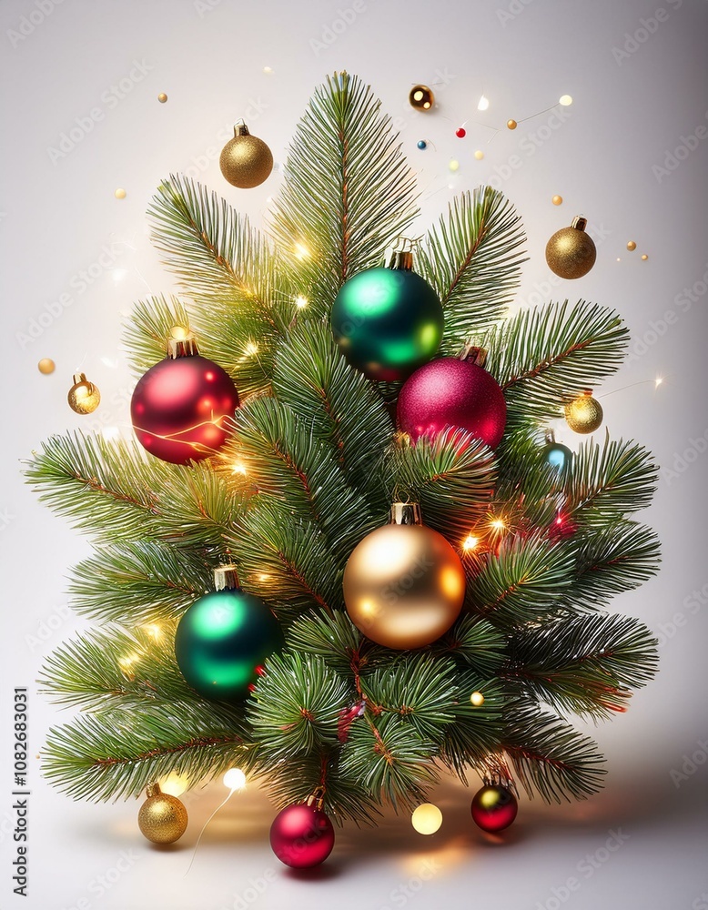Adorno navideño, con ramas de abeto, luces de colores y bolas de navidad Adorno navideño, con ramas de abeto, luces de colores y bolas de navidad