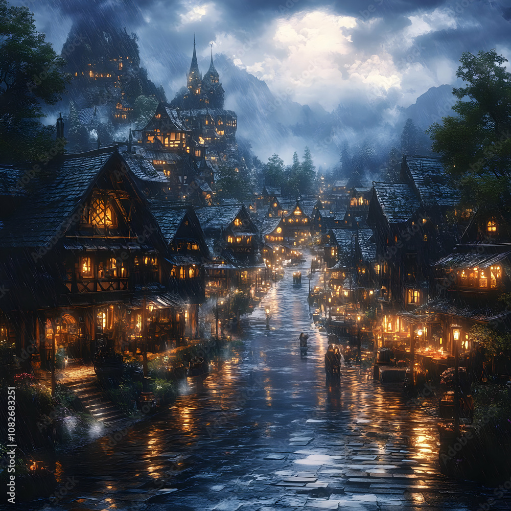 Fototapeta premium Illustration of a Rainy Medieval Village at Night