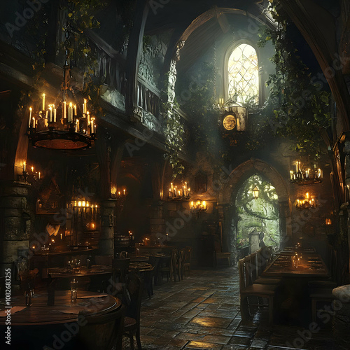 Illustration - Enchanting Medieval Tavern Interior Scene with Candles and Vines photo