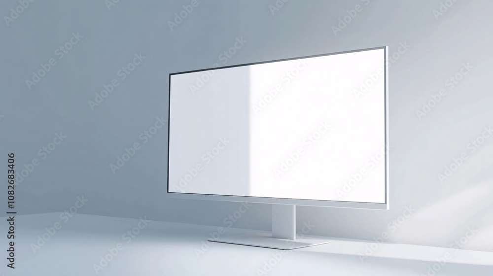 Minimalistic desktop monitor with no background, thin bezels, and a simple silver stand, displayed in an open white space Minimalistic desktop monitor with no background, thin bezels, and a simple silver stand, displayed in an open white space