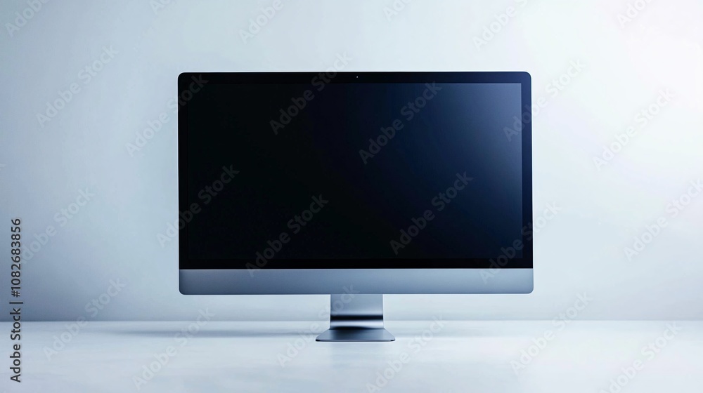 Minimalistic desktop monitor with no background, thin bezels, and a simple silver stand, displayed in an open white space Minimalistic desktop monitor with no background, thin bezels, and a simple silver stand, displayed in an open white space