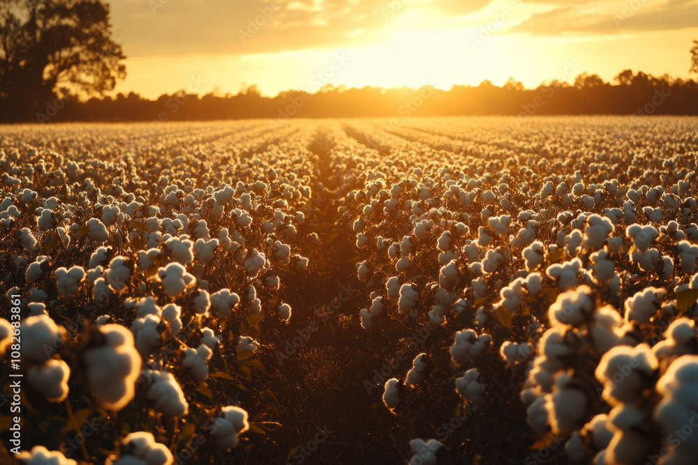 Obraz premium A peaceful cotton field at sunrise, soft light casting a warm glow on fluffy white bolls, stretching toward the horizon