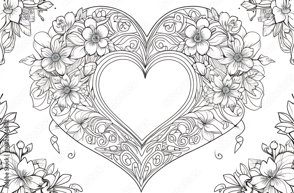 A detailed coloring book page featuring an intricate heart design, filled with floral patterns and delicate line work, perfect for a relaxing and creative activity. A detailed coloring book page featuring an intricate heart design, filled with floral patterns and delicate line work, perfect for a relaxing and creative activity.