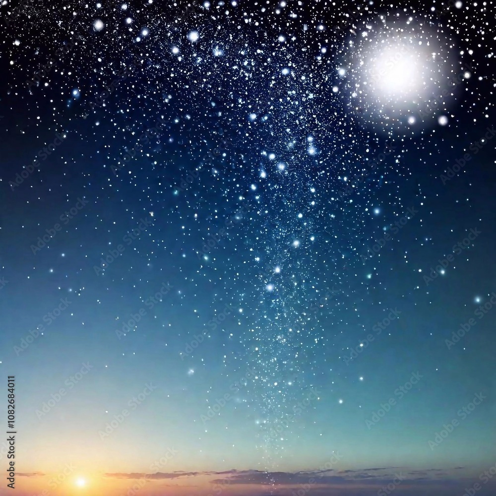 Obraz premium A high-resolution ultrarealistic image captures a serene night sky in stunning digital art style. The canvas depicts a dark azure sky sprinkled with countless bright stars, varying in size and brillia