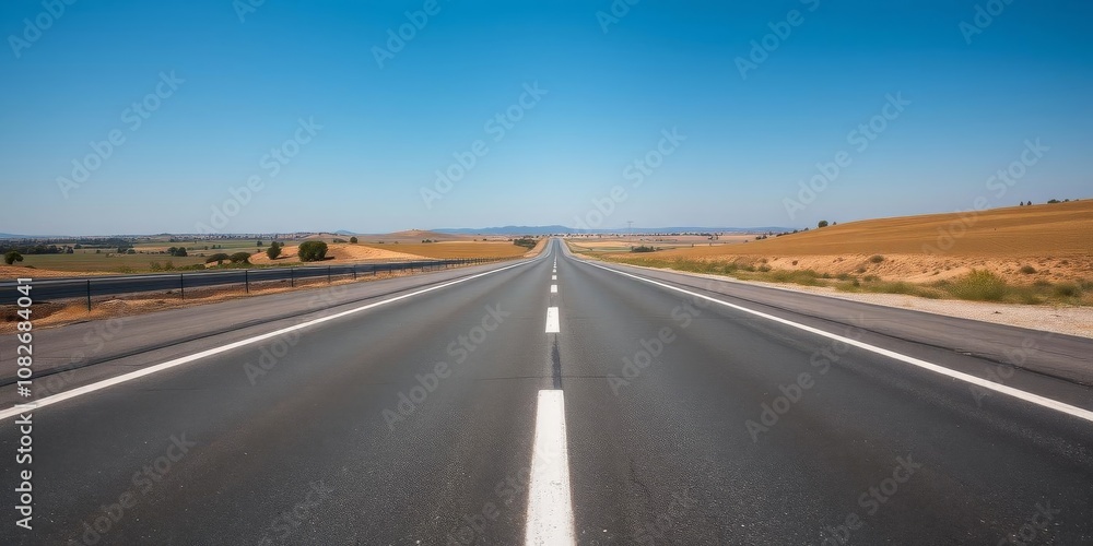 Fototapeta premium Smooth black asphalt road winding through scenic countryside landscape, nobody, landscape, outdoors