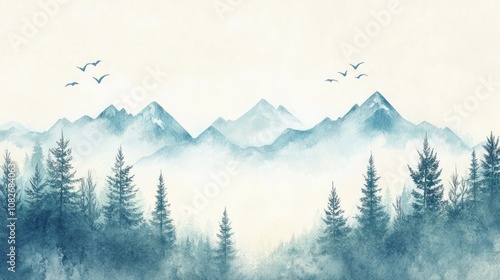 Serene Mountain Landscape with Soft Blue Watercolor Wash, Majestic Peaks and Silhouetted Pine Forest, Atmospheric Sky with Soaring Birds at Dawn or Dusk