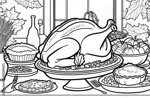 Holidays & Celebrations Coloring Book: A coloring page showcasing a Thanksgiving feast with a turkey, pumpkin pie, and harvest vegetables photo