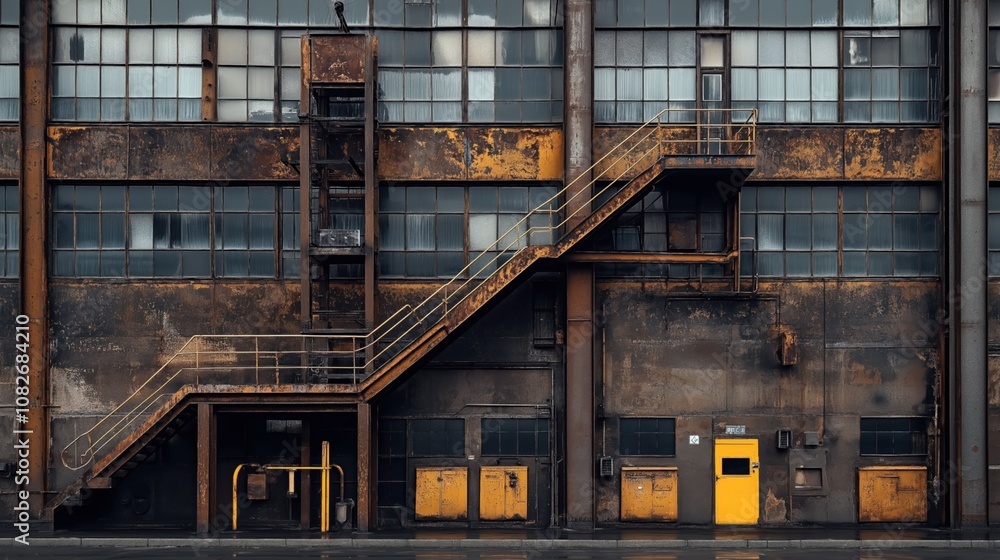 Exterior of an old industrial factory building with rusted metal walls, large grid-style windows, and a weathered staircase leading to upper levels. Exterior of an old industrial factory building with rusted metal walls, large grid-style windows, and a weathered staircase leading to upper levels.