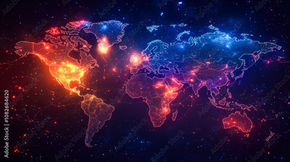 A vibrant, digital representation of the world map illuminated with glowing connections and warm colors highlights global networks, suitable for tech, communication, or data-driven projects, A vibrant, digital representation of the world map illuminated with glowing connections and warm colors highlights global networks, suitable for tech, communication, or data-driven projects,