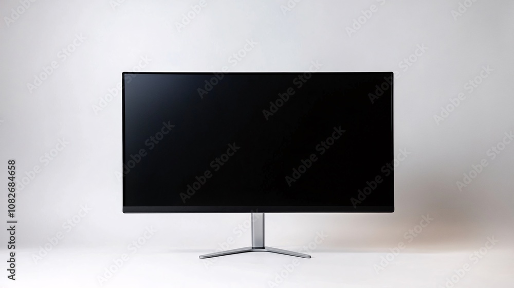 Minimalistic desktop monitor with no background, thin bezels, and a simple silver stand, displayed in an open white space Minimalistic desktop monitor with no background, thin bezels, and a simple silver stand, displayed in an open white space