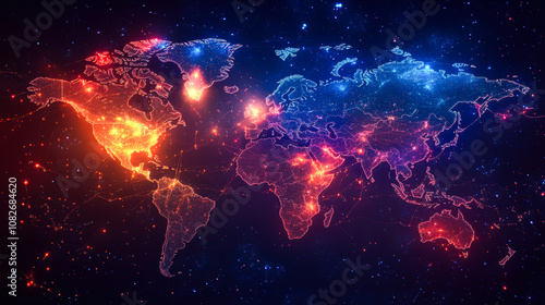 A vibrant, digital representation of the world map illuminated with glowing connections and warm colors highlights global networks, suitable for tech, communication, or data-driven projects,