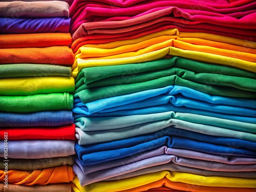 Vintage Style Photography of Colorful Folded T-Shirts with Rainbow Hues and Abstract Fabric Display in the Background for Fashion Enthusiasts and Textile Lovers