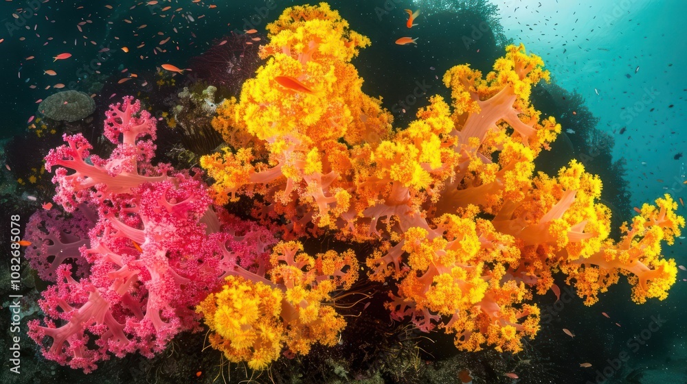 Vibrant pink and yellow soft coral colony thriving on a tropical reef, with small fish swimming nearby. Vibrant pink and yellow soft coral colony thriving on a tropical reef, with small fish swimming nearby.