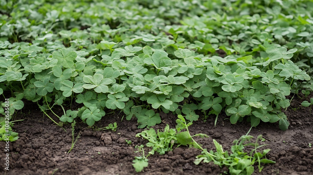 A close-up of cover crops on a no-till farm, protecting the soil and enhancing fertility A close-up of cover crops on a no-till farm, protecting the soil and enhancing fertility