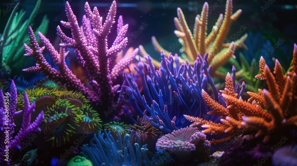 Obraz premium A vibrant coral reef aquarium with colorful corals and anemones.