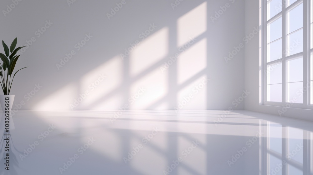 A large window in a white room with a potted plant in front of it A large window in a white room with a potted plant in front of it