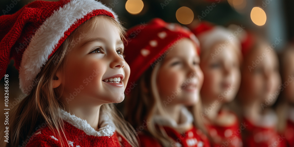 Boys and girls in red uniforms singing festive Christmas carols together Boys and girls in red uniforms singing festive Christmas carols together