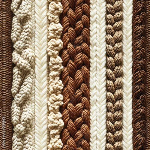 Warm brown and beige vertical seamless knitted braids and cables texture creating a cozy and tactile textile background