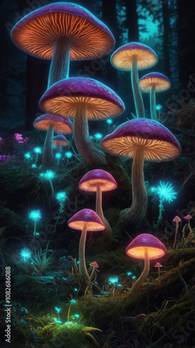 Glowing fantasy mushrooms in the forest