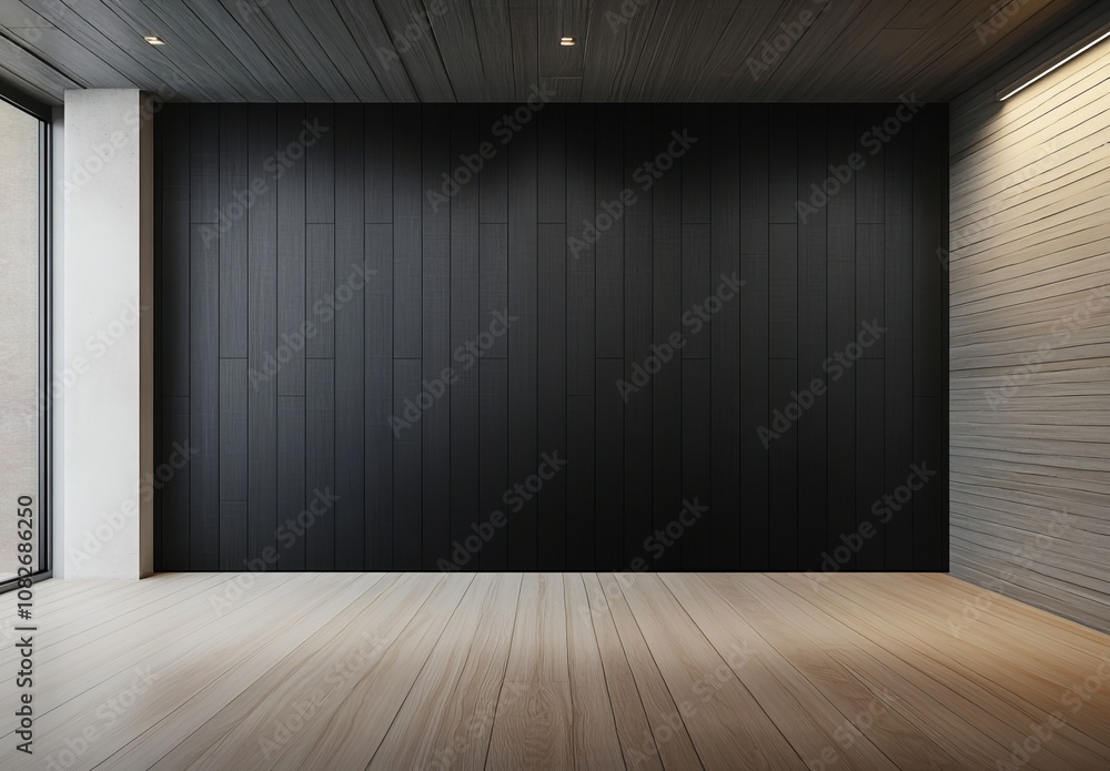 Empty room with wall Black wooden wall mockup in an empty room with white walls and a light wood floor, 3D rendering illustration Empty room with wall Black wooden wall mockup in an empty room with white walls and a light wood floor, 3D rendering illustration