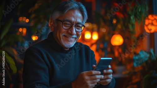 A smiling older man enjoys using his smartphone in a cozy, warmly lit environment.