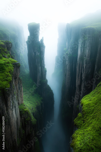 A breathtaking view of steep, moss-covered cliffs shrouded in mist, revealing a deep canyon below, Ideal for travel blogs, nature documentaries, or landscape art, This image captures serene beauty, photo