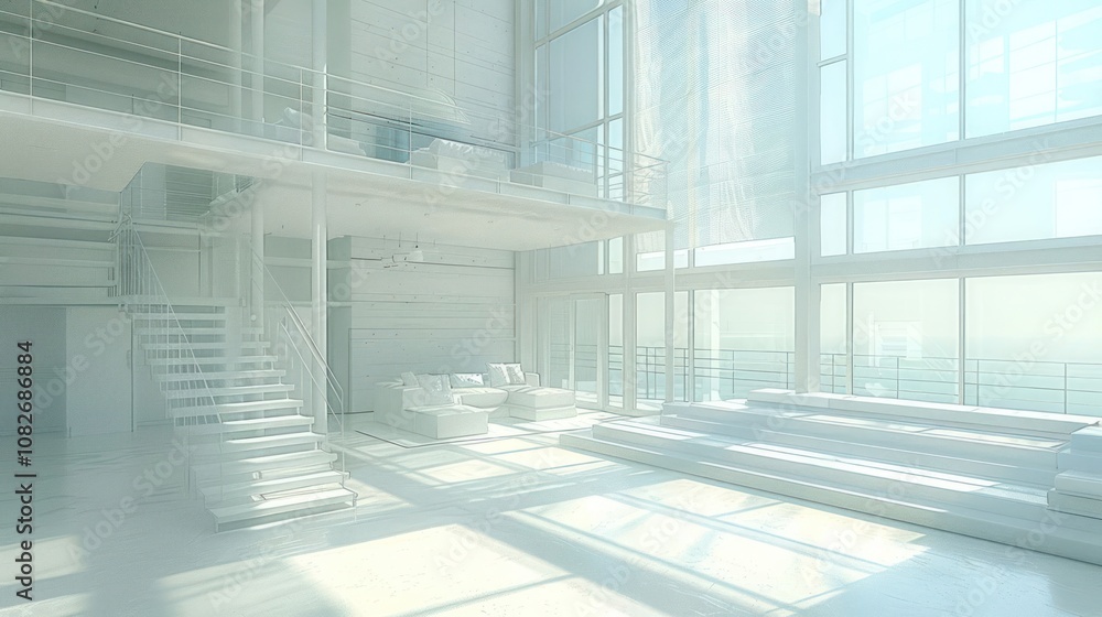 Obraz premium Modern white loft apartment with large windows, a staircase, and a view of the sea.