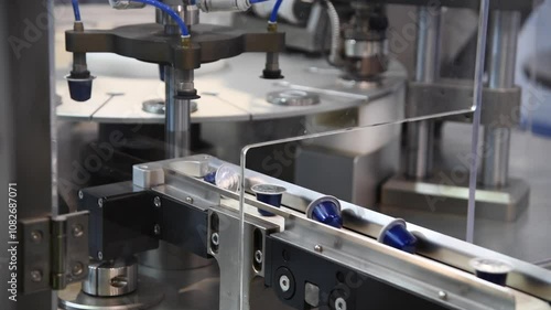 Close-up view of modern coffee pods making machine. Group of blue coffee capsules moves on narrow conveyer belt. Soft focus. Real time handheld video. Coffee manufacturing plant theme.