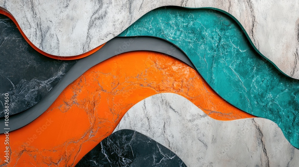 Abstract Waves of Colorful Textures on a Marble Background Featuring Orange, Teal, and Black Curved Patterns in a Contemporary Artistic Style Abstract Waves of Colorful Textures on a Marble Background Featuring Orange, Teal, and Black Curved Patterns in a Contemporary Artistic Style