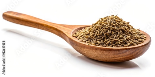 Wooden Spoon Full of Cumin Seeds on a Background Ideal for Culinary, Cooking, or Spice-Themed Designs with Ample Copy Space for Text and Branding Purposes