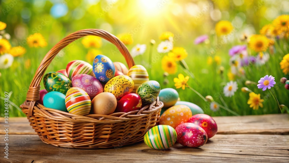 Vibrant Easter eggs in woven basket with colorful decorations for spring celebration Vibrant Easter eggs in woven basket with colorful decorations for spring celebration